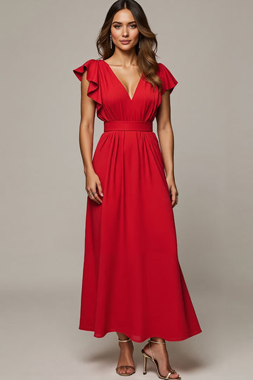 Red A Line V Neck Ruffled Work Dress